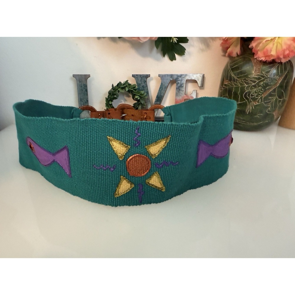 80s Hand Painted 3"‎ Waist Belt Teal Fish Multi Handmade Leather Buckle M/L 30" - Picture 3 of 16